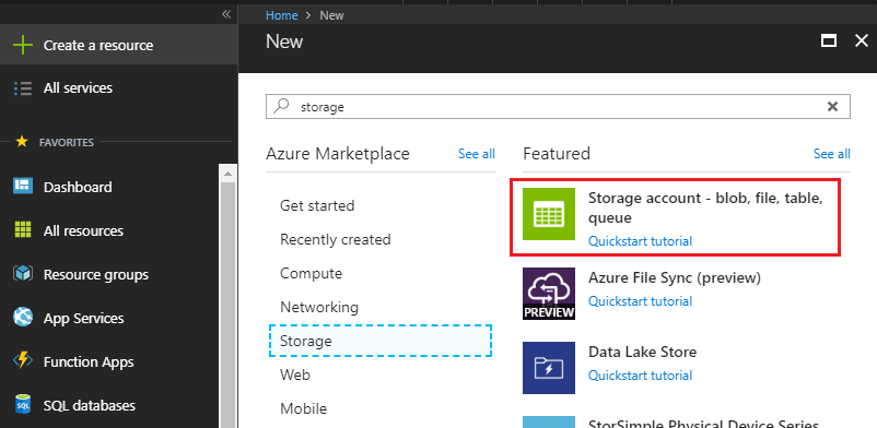 Screenshot that shows the New window. Storage is entered in the search bar. Under Featured, Storage account blob, file, table, queue is circled in red.