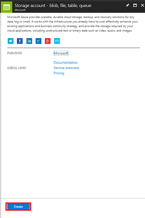 Screenshot that shows the Storage account page. The Create button at the bottom of the page is circled in red.