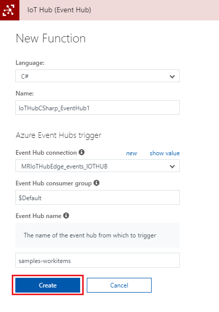 Screenshot that shows the New Function page. The Create button is circled in red at the bottom of the page.