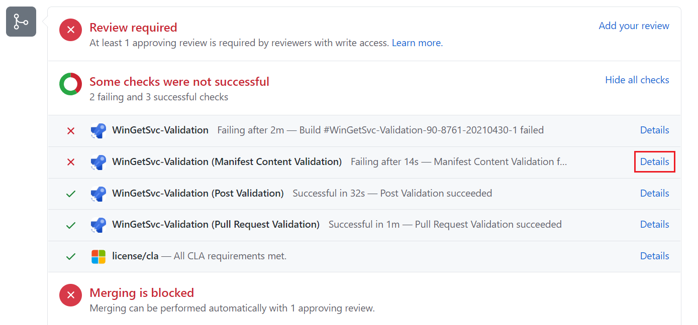 Screenshot of a pull request failure.