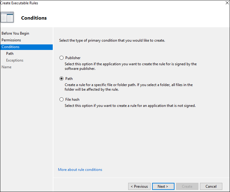 Screenshot with Path conditions selected in the Create Executable Rules wizard.