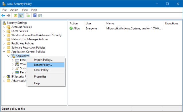 Local security snap-in, showing the Export Policy option.