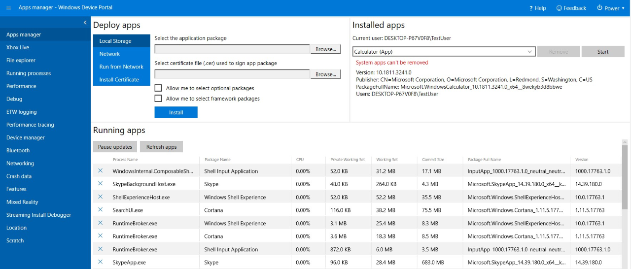 Device Portal Apps manager page