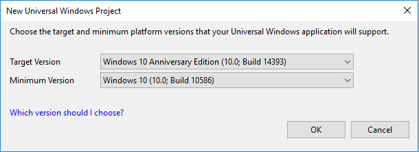 Screenshot of the New Universal Windows Project dialog box.