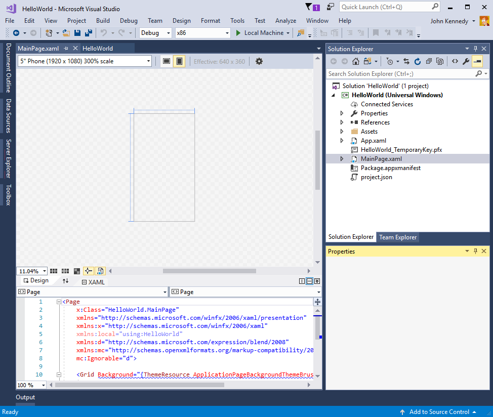 Screenshot of the Visual Studio showing the Main Page X A M L Design view.