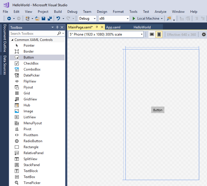 Screenshot of the Toolbox pane and the Main Page X A M L Design view showing the Button option highlighted in the Toolbox pane and a Button in the Design view.