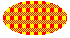 Illustration of an ellipse filled with an open grid of opaque half-toned horizontal lines over opaque solid vertical lines, over a background color