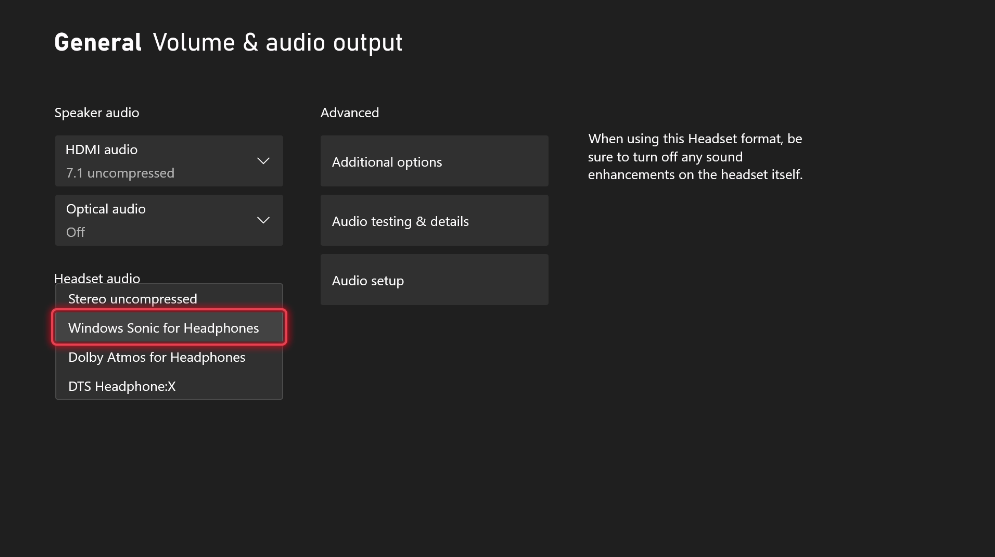 enable spatial sound for headphones on xbox one in the settings app
