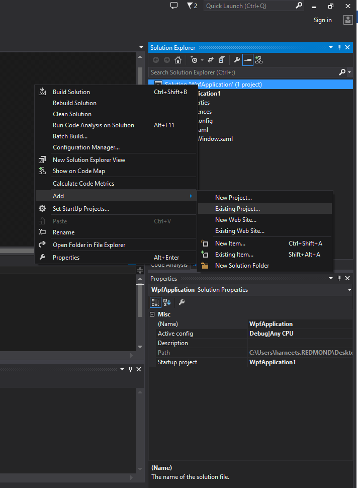 a screenshot that illustrates the add: existing project menu selection