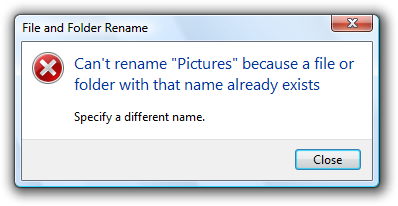 screen shot of error message: can't rename