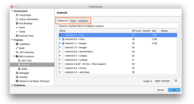 Screenshot of the Android SDK Manager open in the Platforms tab
