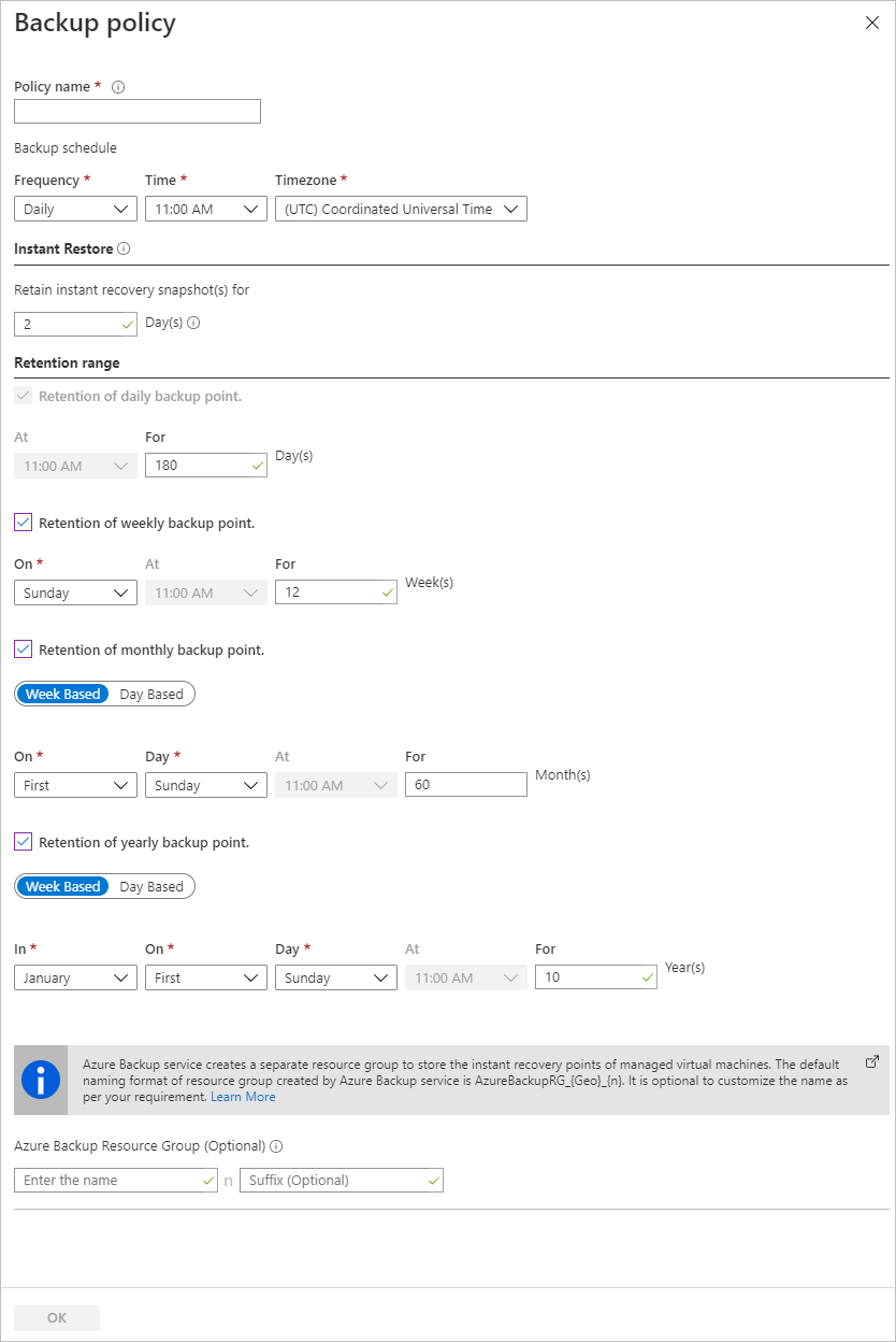 Screenshot that shows the new backup policy.