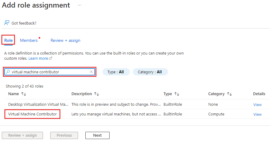 Screenshot showing search results for the "Virtual Machine Contributor" role.