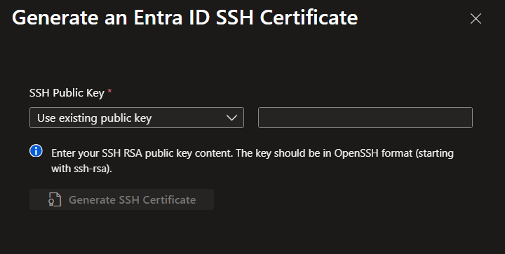 Screenshot of the use existing public key option.