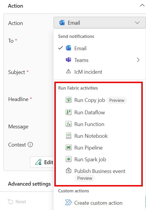 Screenshot showing the Action section of the Definition pane with pipeline action selected.