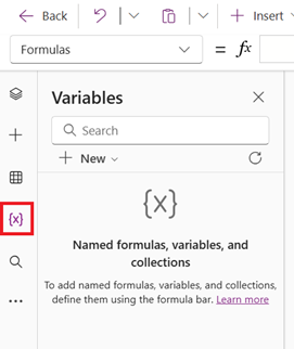 Screenshot that shows the collections in the app that are found in the Variables section.