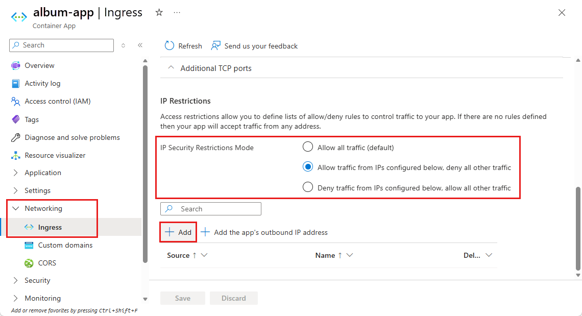 Screenshot of IP restriction settings on container app Ingress page.