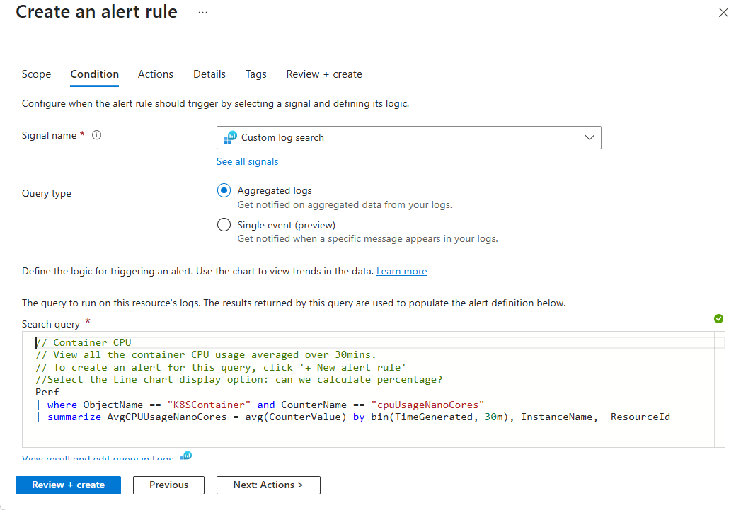 Screenshot of the Log Analytics alert rule editor.