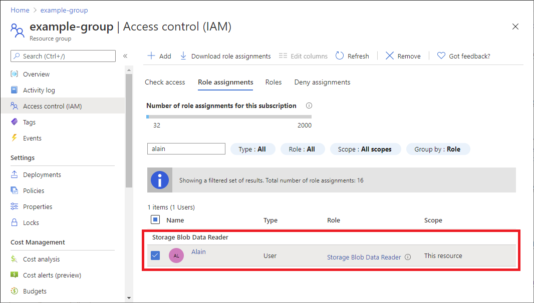 Screenshot of role assignment selected to be removed.