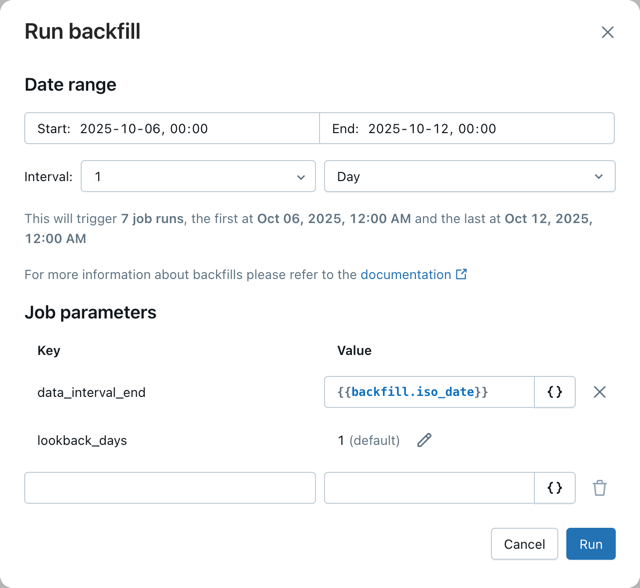 The Run backfill dialog, showing hourly jobs for a day