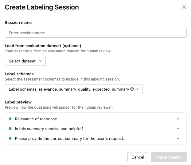 MLflow create labeling session form