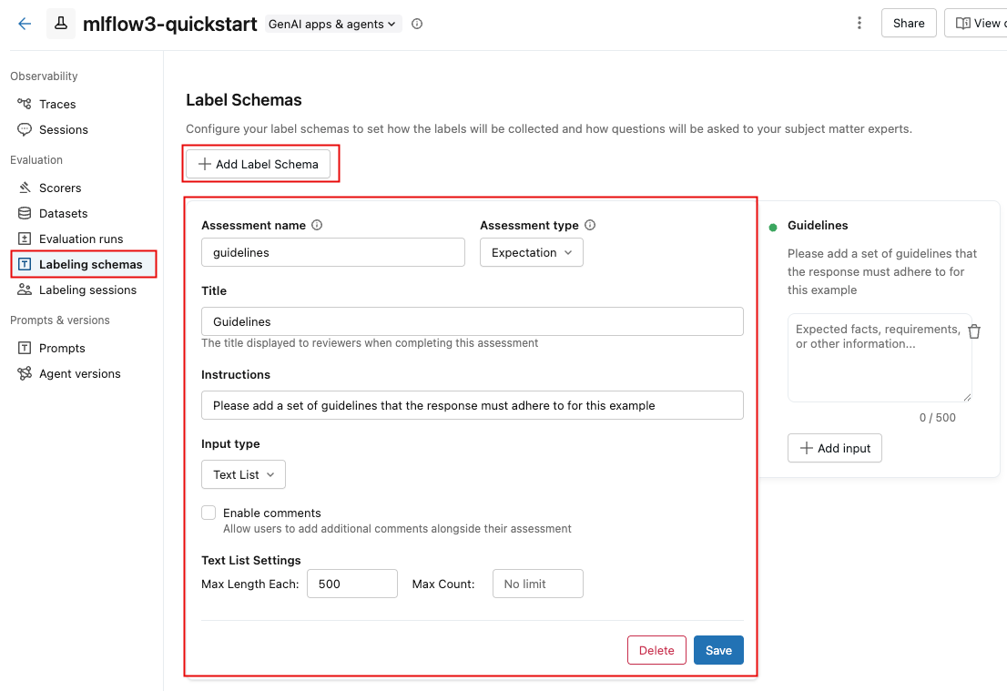 MLflow experiment UI form