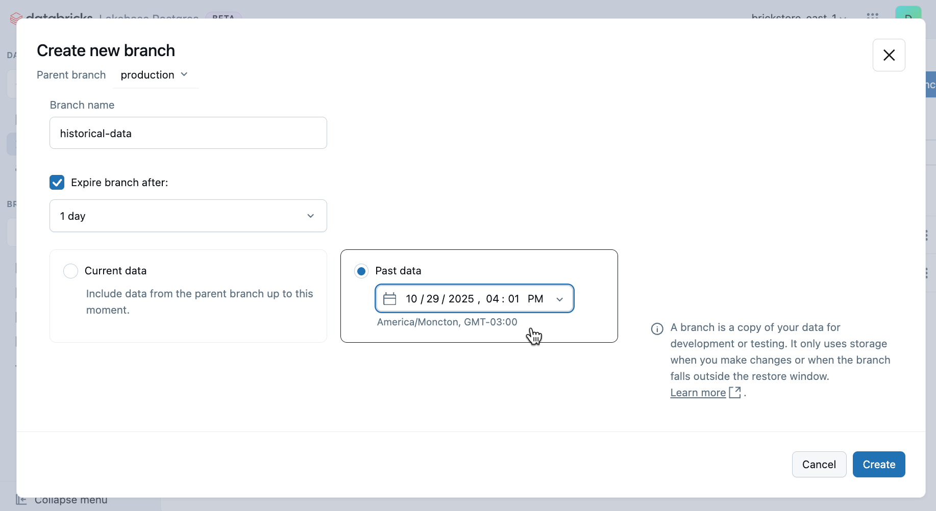 Create a branch from past data