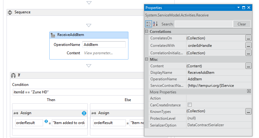 Set the Receive activities properties. Set the Receive activity properties