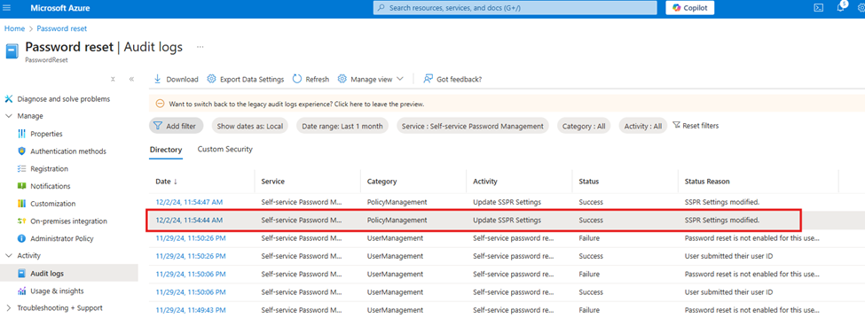 Screenshot of audit log for SSPR reporting.