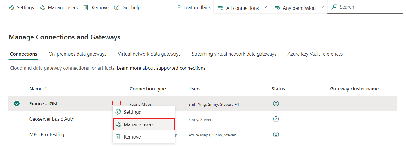 A screenshot showing the Manage Connections and Gateways interface in Microsoft Fabric Maps with the context menu open showing options: Settings, Manage users (highlighted), and Remove. The wider environment displays a list of connections with columns for Name, Connection type, Users, Status, and Gateway cluster name.