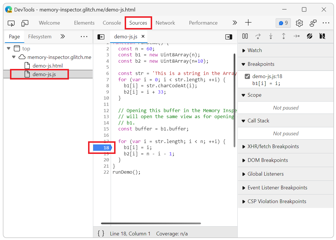 Memory inspector set breakpoint in JavaScript file