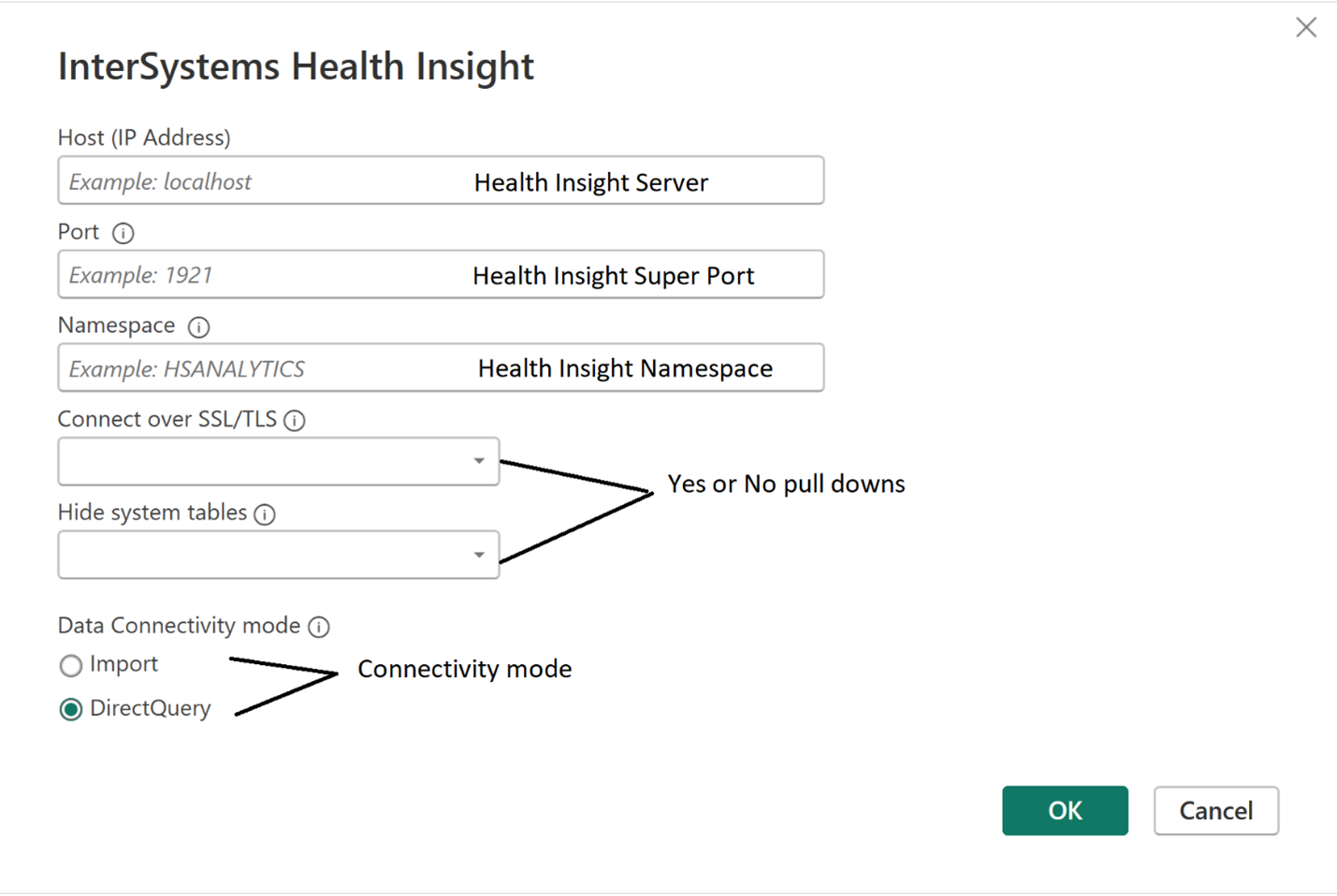 Screenshot of the InterSystems Health Insight connection screen.