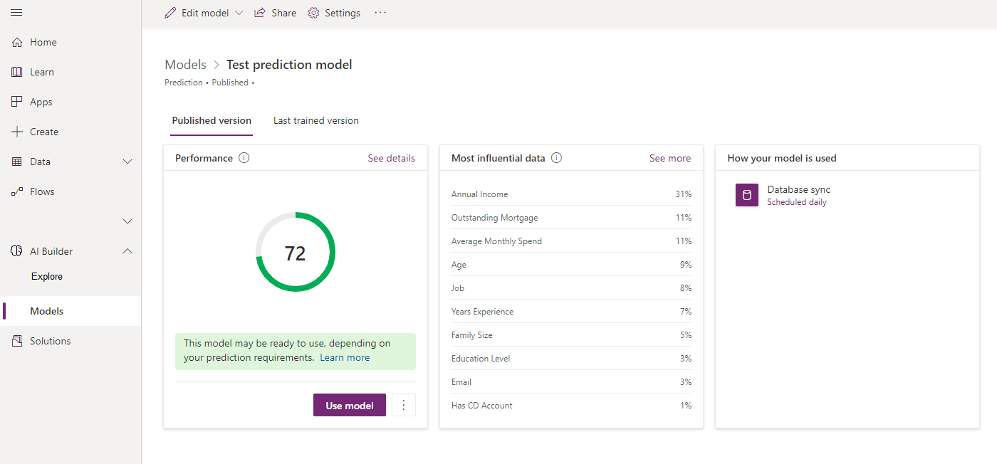 Manage an AI model screen Screenshot of the screen to manage an AI model.