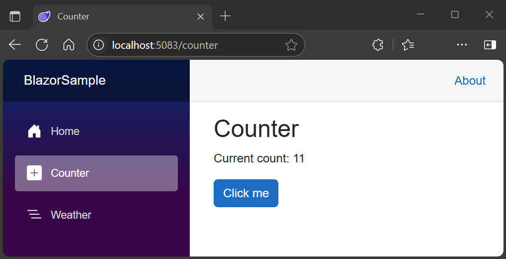 Counter page rendered after the 'Click me' button is selected once, showing the counter incremented to a value of eleven.