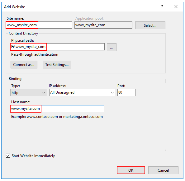 Supply the Site name, physical path, and Host name in the Add Website step.