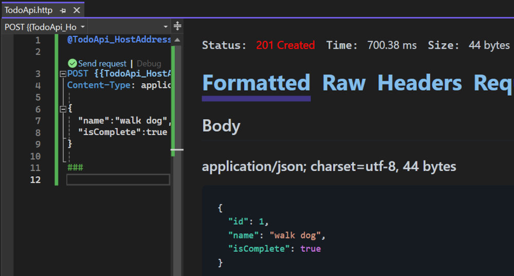 .http file window with response from the POST request.