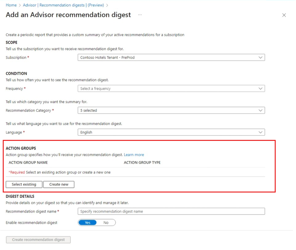 Screenshot of Action Groups inputs on Add an Advisor recommendation digest.