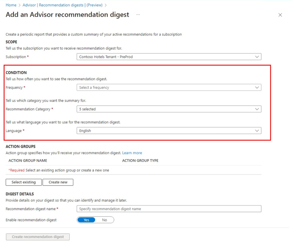 Screenshot of Condition inputs on Add an Advisor recommendation digest.