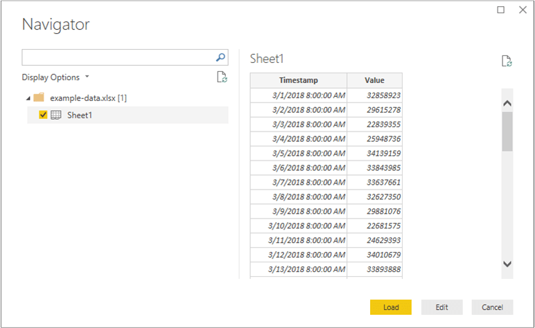 An image of the data source "Navigator" screen in Power BI