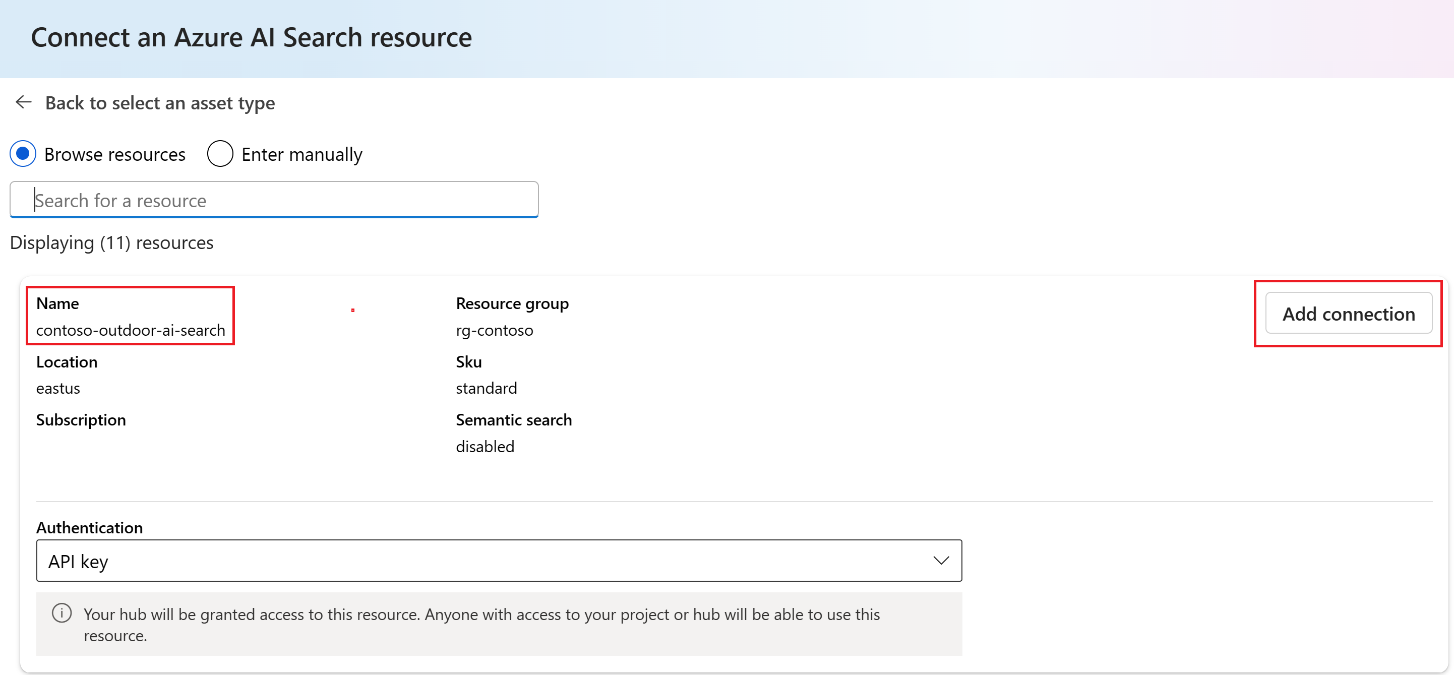 Screenshot of the page to select the Azure AI Search service that you want to connect to.