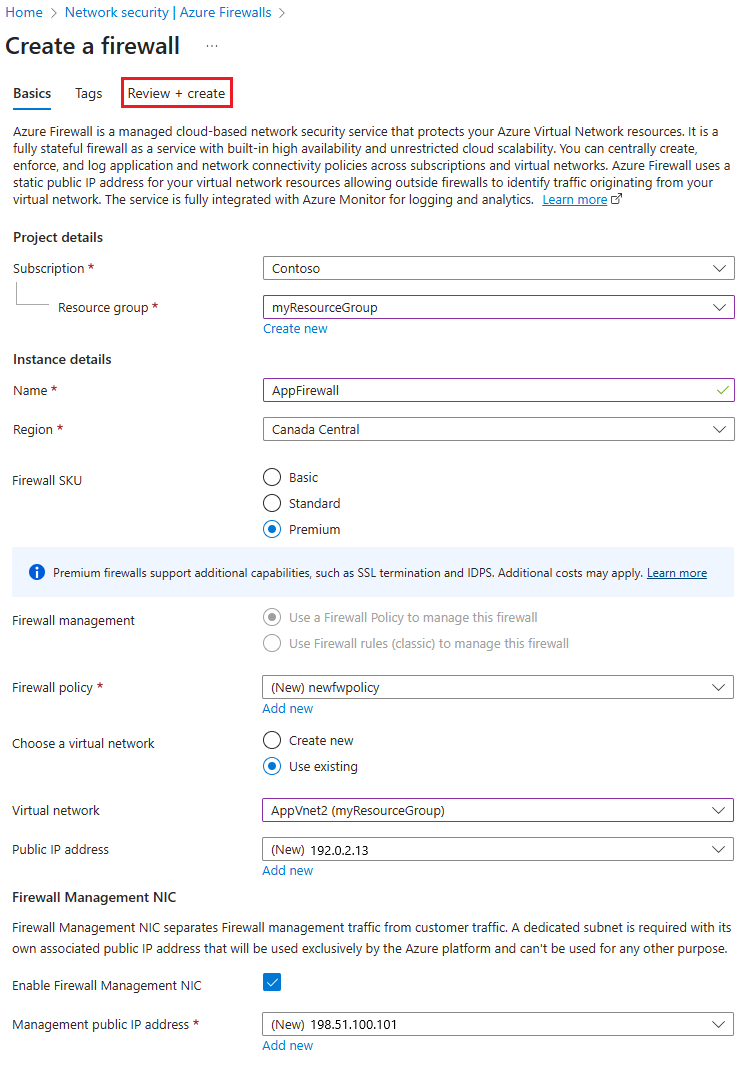 Screenshot of creating an Azure Firewall in the Azure portal.