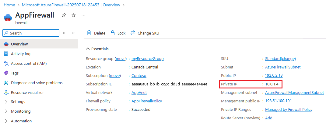 Screenshot of get Azure Firewall private IP address.