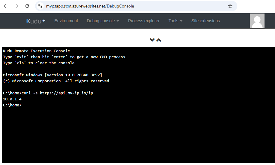 Screenshot of verifying the success outbound traffic by using curl command in SCM debug console.