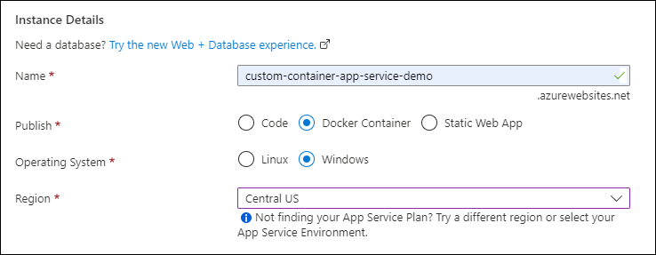 Screenshot of the Instance details section where you provide a name for the virtual machine and select its region, image and size.