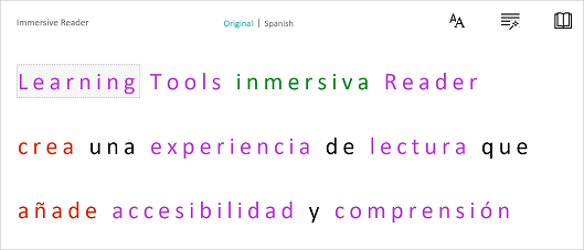 Screenshot of Immersive Reader's language translation feature.