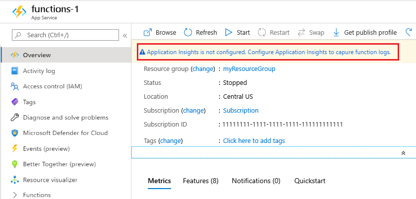 Screenshot that shows how to enable Application Insights from the portal.