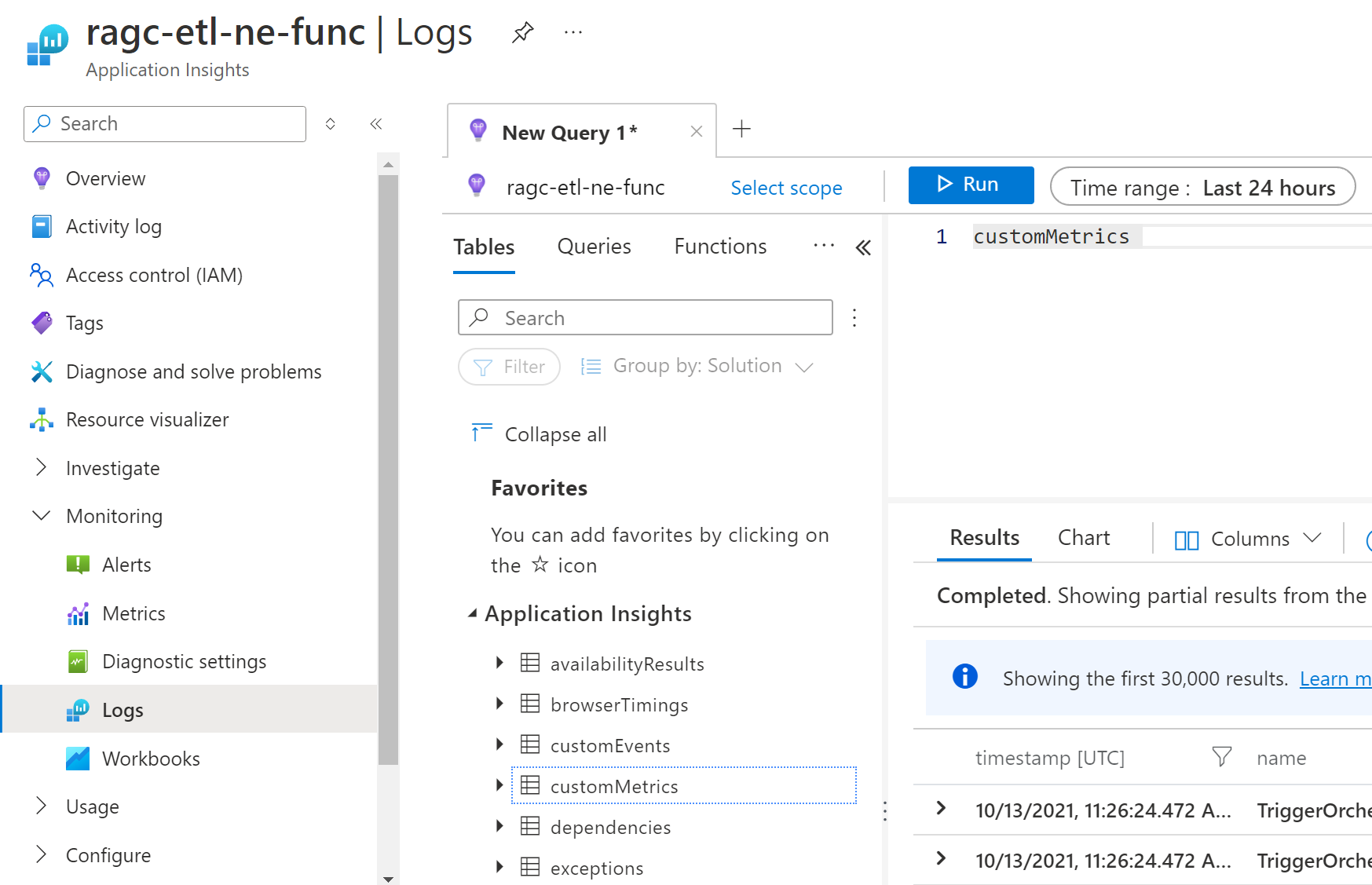 Screenshot that shows Host.Aggregator telemetry in the customMetrics Application Insights table.