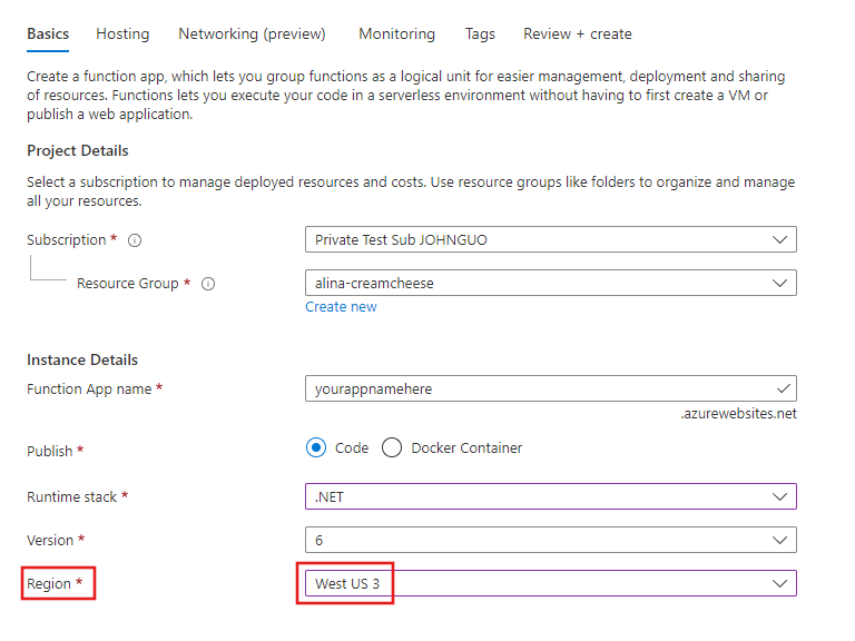 Screenshot of Basics tab of function app create page.
