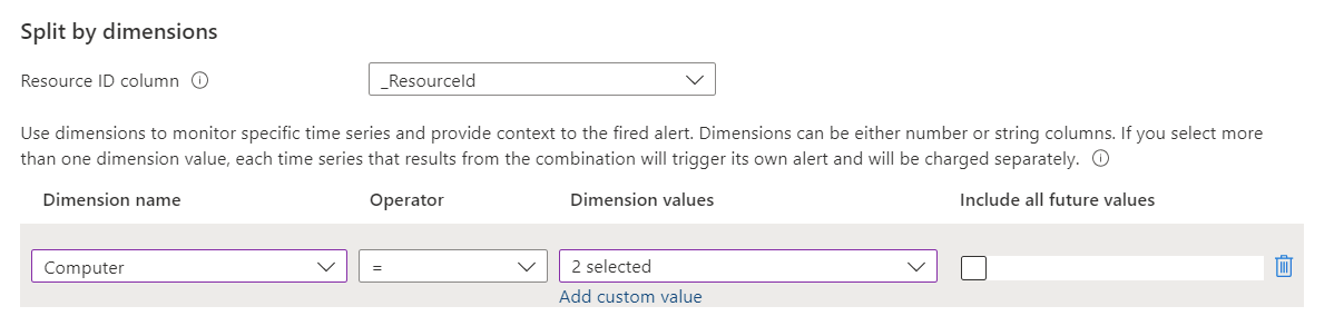 Screenshot that shows the section for splitting by dimensions in a new log search alert rule.