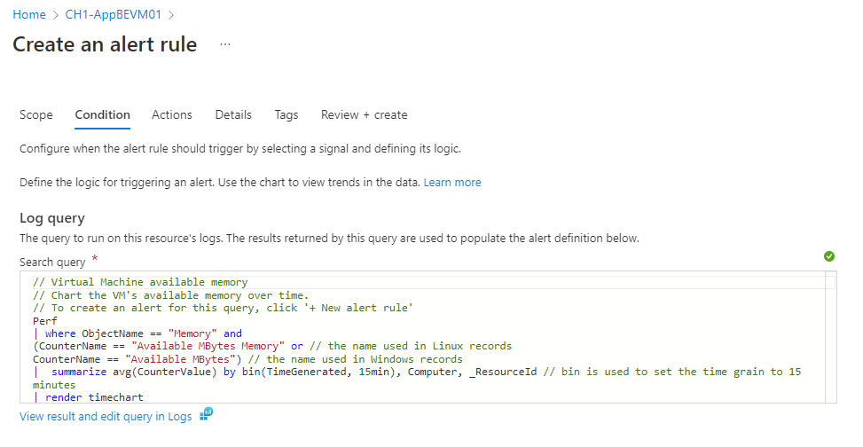 Screenshot that shows the Condition tab for creating a new log search alert rule.